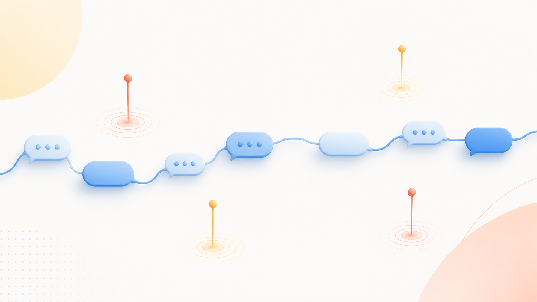Abstract illustration of a continuous line of connected message bubbles running past isolated one-time event markers
