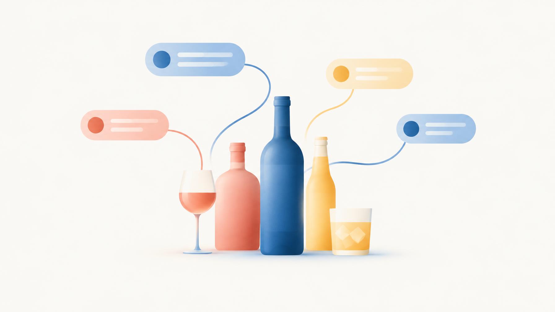 Abstract illustration of bottles and glasses connected to message bubbles