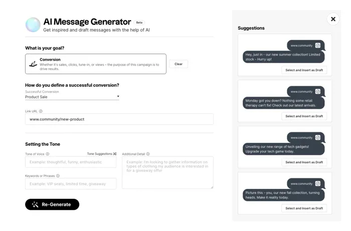 AI Message Generator with goal, tone, and suggested message variations