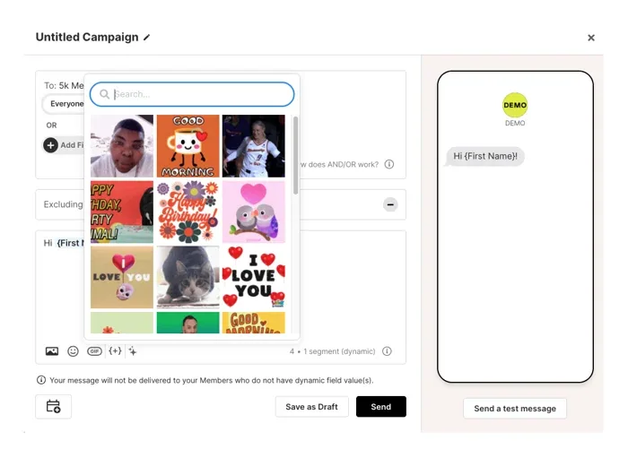Campaign composer with GIF picker and dynamic first-name variable