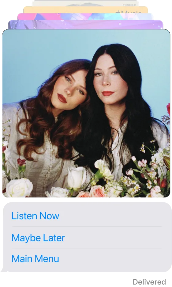 The Burney Sisters: pre-save card from Apple Messages for Business