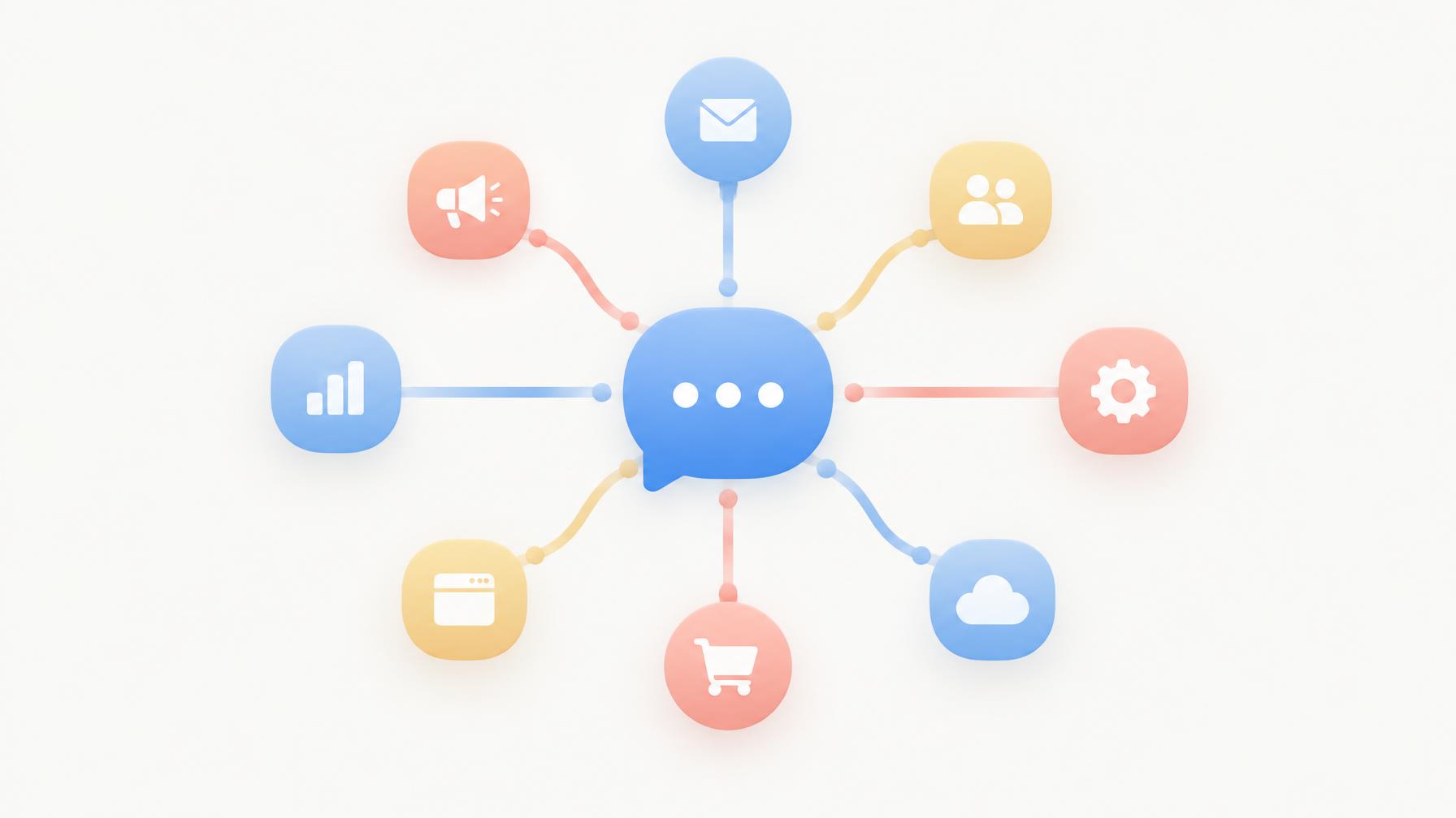 Abstract illustration of connected systems feeding into a central text message bubble