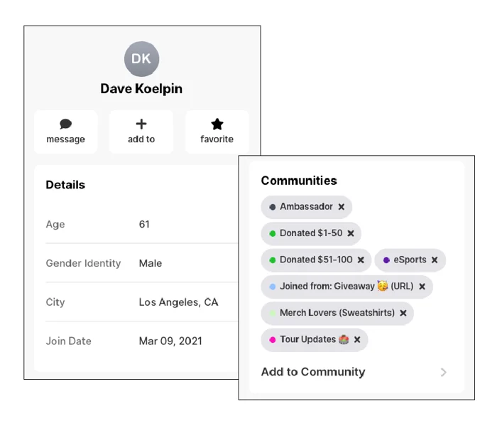 Rich member profile showing details, communities, and tags