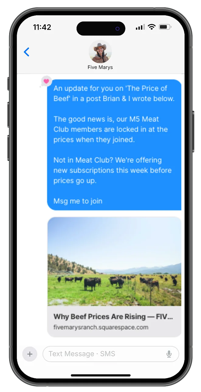Five Marys Ranch text message conversation, example one