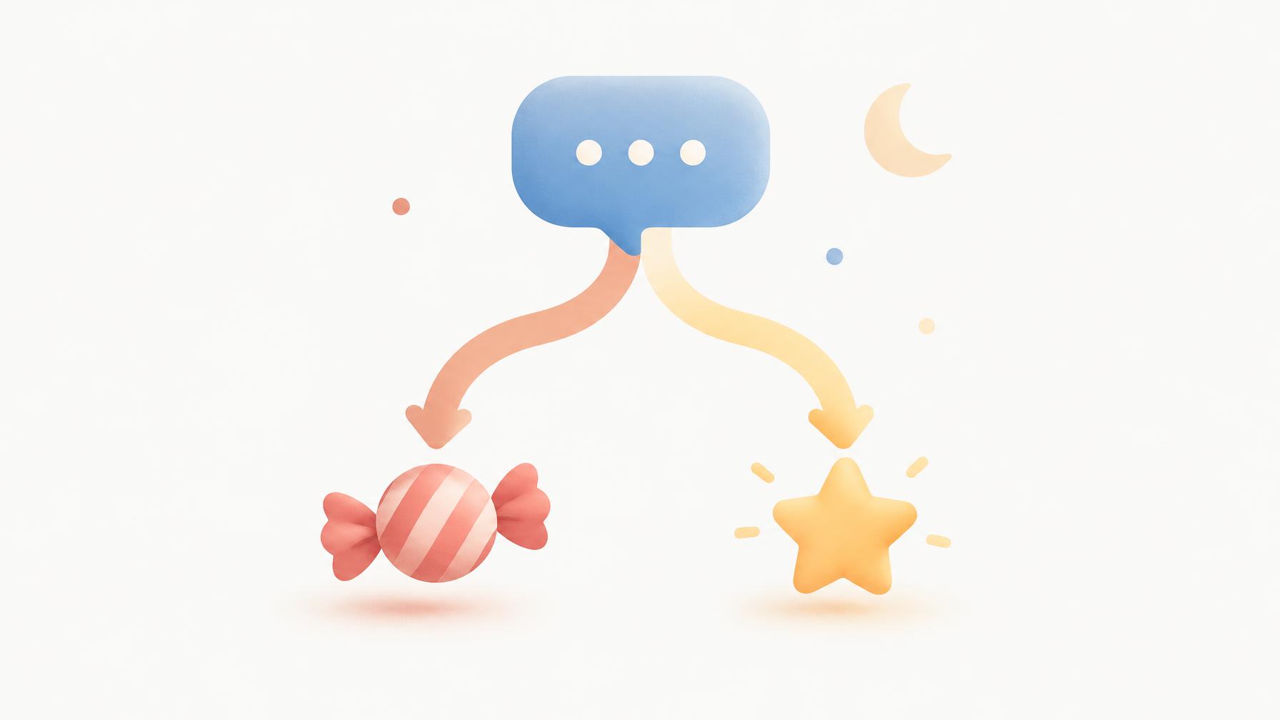 Abstract illustration of a message bubble branching into two paths, a candy and a star